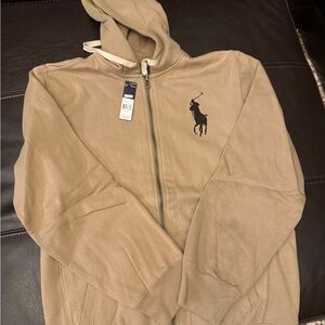 Polo by Ralph Lauren Tan Full-Zip Hoodie Bomber with Black Pony Logo
